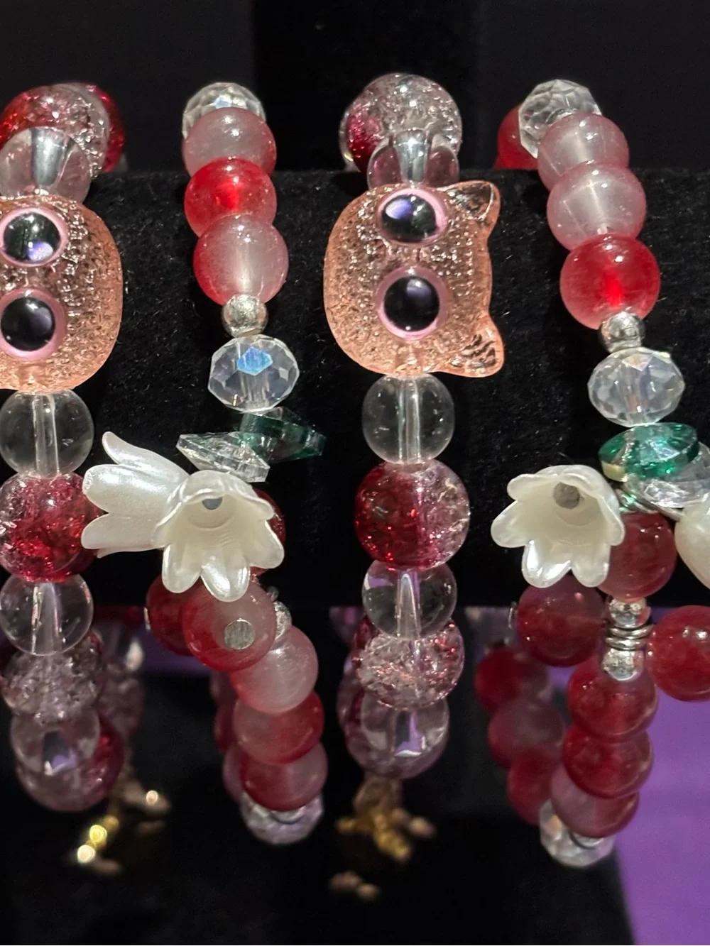 Halloween Cranberry Glass Pink Cat Bead Bracelets & Tulip Flowers Charms